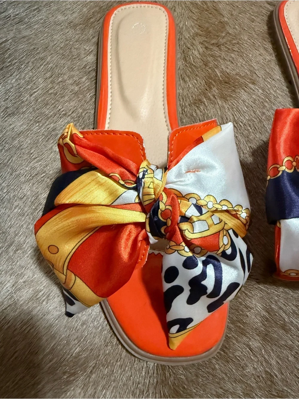 Never worn - Women’s Orange Bow Slide Sandals/Slides with Printed Scarf Accent